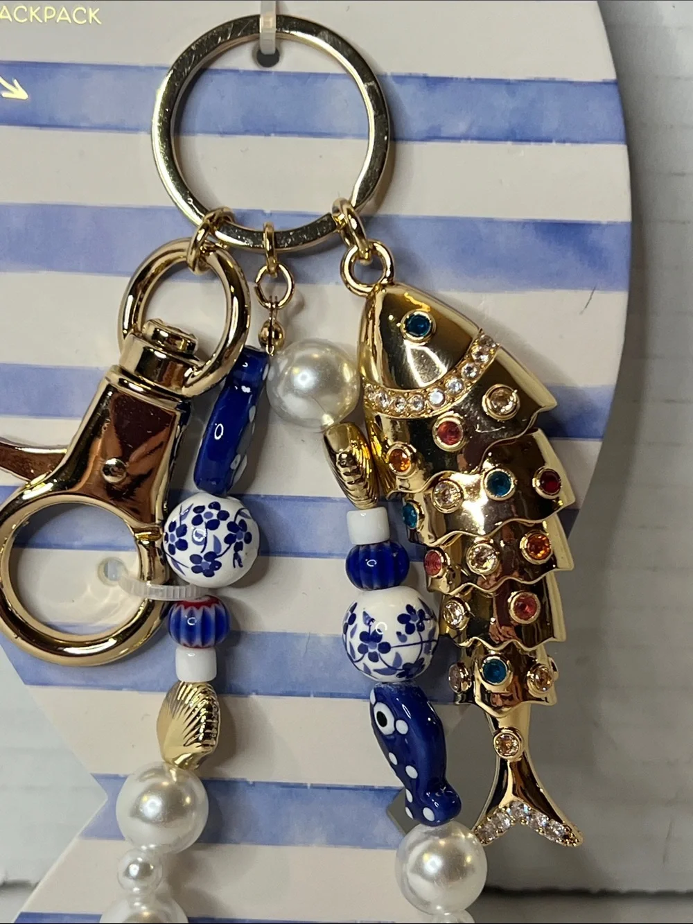 Piper K Costal Gold Beaded Fish Blue White Bag Charm Key Chain New